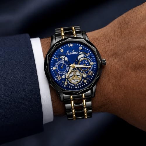 Image of Watch for men,Men's skeletonized quartz watch with black and gold two-tone stainless steel case, analog display, date display, water-resistant, luminous display, men's waterproof quartz watch. (Blue dial, black strap)
