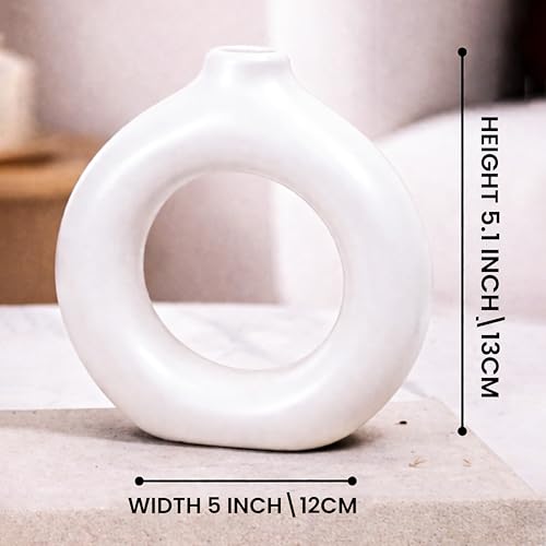Image of Modern Matte White Ceramic Donut Vase - Minimalist Hollow Round Decorative Vase for Living Room, Bedroom, Office & Table Decor, 5x5.1 Inch