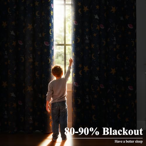 Image of Navy Blue Star Moon Theme Blackout Curtains 84 Inches Long for Boys Bedroom