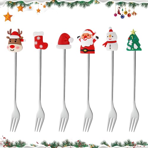 6 pcs Christmas Dessert Forks,Cake Fork,Stainless Steel Fruit Dessert Forks for Cake Fruit Salad Appetizer