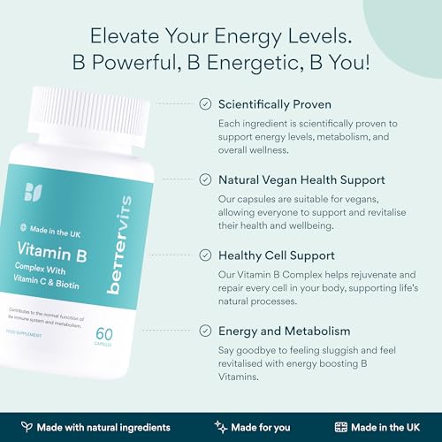 Bettervits Vitamin B-Complex High Strength - Vitamins B1, B2, B3, B5, B6, B12 | Immune Support with Choline, Biotin, Folate, Vitamin C - Daily Energy and Metabolism for Men and Women - 60 Capsules - Image 3