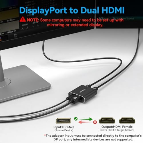 Image of DisplayPort to Dual HDMI Adapter 1 in 2 Out, 4K60Hz Display Port DP 1.4 to 2 HDMI Splitter for PC Graphics Card Monitor Supports Windows Extended Mode, [MacOS Only Mirror Mode], No DP Cables