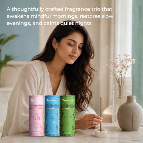 Image of Twohands Premium Bambooless Dhoop Sticks Combo Pack of 3 - Rose Oudh, Blue Moon & Flow |30 Sticks Each with Ceramic Stand |Charcoal Free Dhoopam,Dhup & Incense Sticks for Pooja, Meditation
