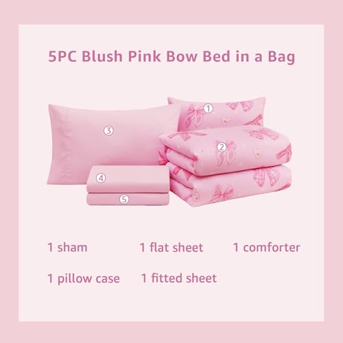 Image of Twin XL Comforter Set for Girls Blush Pink Bow 5 Pieces Bed in a Bag