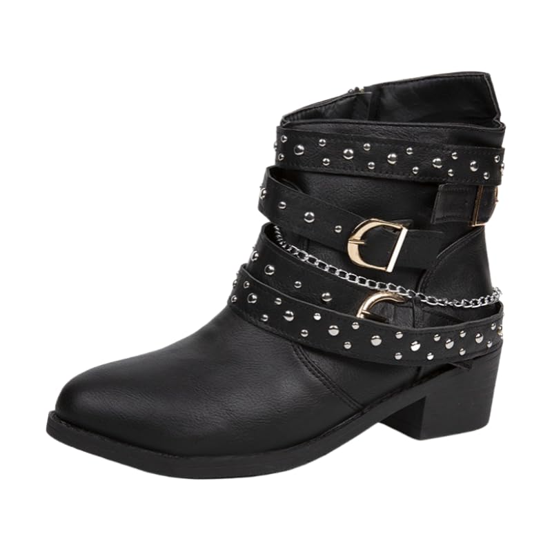 Womens Goth Leather Block Heel Ankle Boots Fashion Studded Ankle Strap Trim Punk Boots Winter Side Zipper Motorcycle