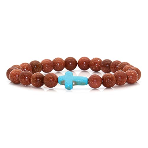 Image of Xusamss Fashion Religious Cross Bracelet 8mm Tiger Eye Turquoise Beads Elastic Bracelet,7 1 /2 wrist