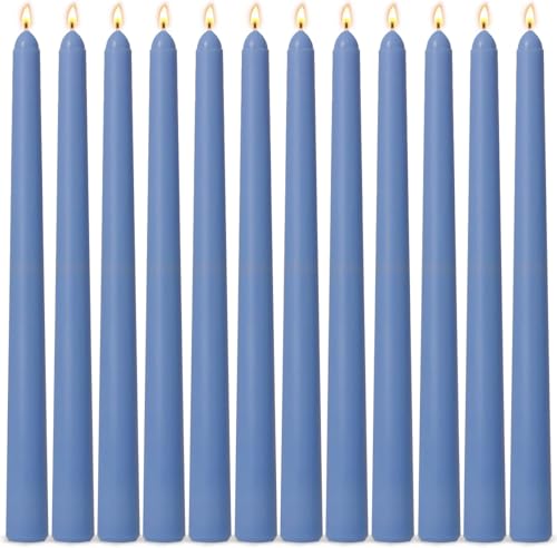 12-Pack Dusty-Blue Taper Candles, 10 Inch Unscented Dripless Candlesticks, Long-Lasting Burn Time of 7-8 Hours, Perfect for Home Décor Dinner Party Meditation