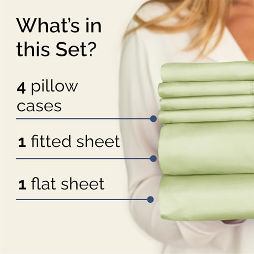 Image of Queen 6 Piece Bed Sheet Set - Soft, Breathable & Cooling - Light Sage Green | Ultra-Soft Hotel Luxury Bedding Set w / 8-16 Inch Deep Pockets, 1 Flat & 1 Fitted Sheet & 4 Pillowcases, Wrinkle & Fade Free
