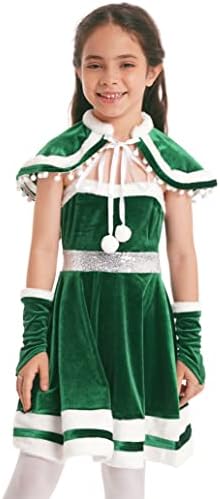 inlzdz Kids Girls Christmas Mrs. Claus Dress Holiday Party Elf Costume Velvet Long Sleeve Clown Collar Pom Pom Trim Dance Dress Red E 6-12 Months