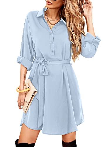 Beluring Casual V Neck Dresses for Women Long Sleeve Blouse Dress with Pocket Light Blue Size 8 10