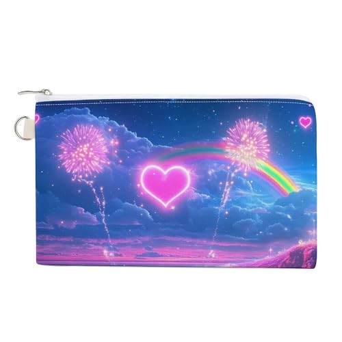 Rainbow 4th of July Fireworks Deer Coin Purse Canvas Change Pouch Portable Pocket Wallet Mini Storage Bag with Zippered Keychain