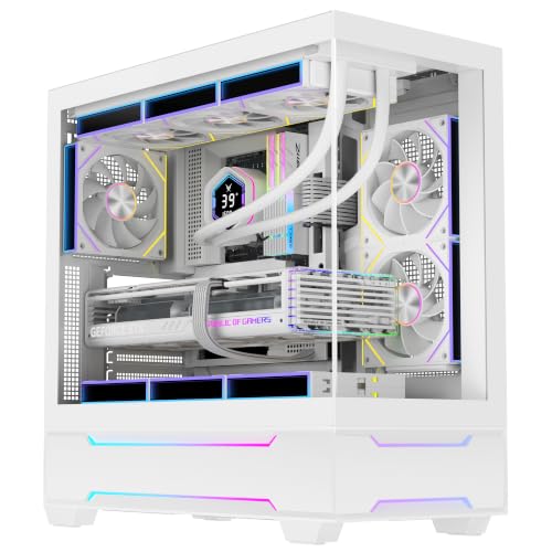 RUIX OV703 ATX Mid-Tower PC Case, Pre-Installed 4 x 120mm ARGB Fans, Panoramic Tempered Glass Front & Side Panels, ARGB Light Strips, 360mm Radiator Support, USB 3.0 & 20Gbps Type-C, White by RUIX - Used condition - US$82.44