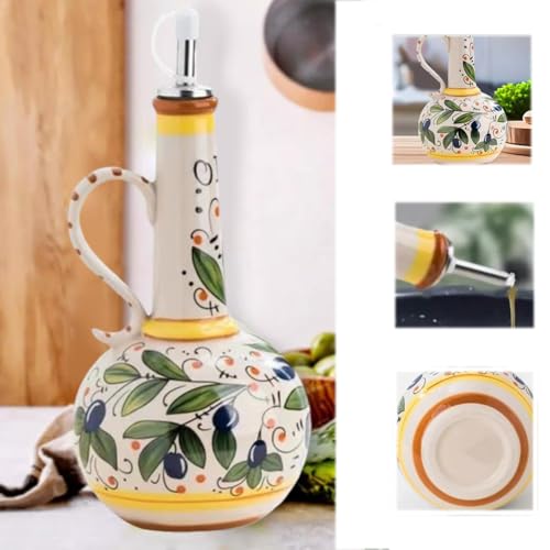 Ceramic Olive Oil Dispenser Bottle 25oz,Decorative Stoneware Olive Oil Cruet for Kitchen with Stainless Steel Spout,Hand Painted Olive Ceramic Bottle,for Storage Oil, Vinegar, Coffee (1pcs)