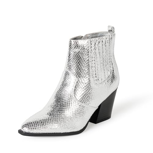 The Drop Womens Sia Pointed Toe Western Ankle Boot Silver Snake 8
