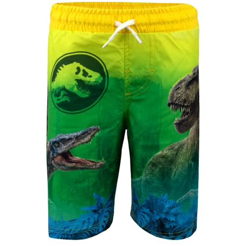 Jurassic World Dinosaur Swim Shorts for Boys, Kids Swimwear, Board Shorts for Kids (Neon Yellow/Green, Size 4)