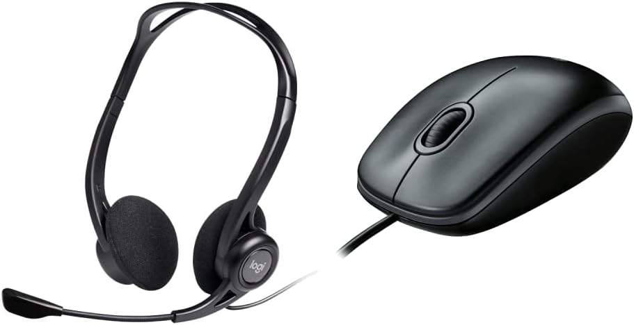 Logitech H370 USB Stereo Wired Over Ear Headphones with mic,in-Line Controls, Adjustable Headband, PC/Mac/Laptop - Black & B100 Corded Wired USB Right or Left Hand Use Mouse Black