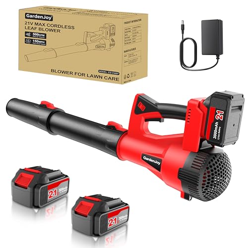Leaf Blower Cordless, 21V 500CFM 150MPH Powerful Electric Leaf Blower with 2x3.0Ah Batteries & Charger, 6 Speed Modes Lightweight Handheld Blower for Lawn Care, Leaves, Dust, Car Cleaning, Red