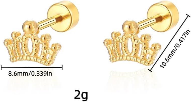 Small Tiny Crown Stud Earring Screw Flat Back Gold Plated Stainless Steel Hypoallergenic Earrings Dainty Cartilage Piercing Jewelry - Image 5