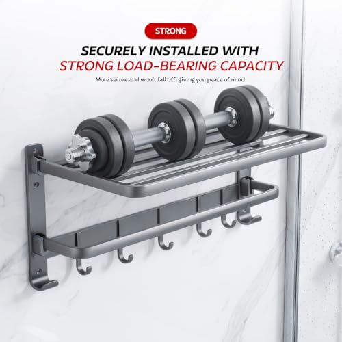 Image of MIORAH 24 Inch Powder - Coated Aluminium Towel Rack with Hooks - Rust - Free, Space - Saving Bathroom No Drill Self Adhesive Towel Rack Easy Installation Grey
