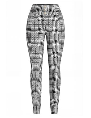 FIMARSTED Womens Work Pants Checkered Business Casual Stretch Slim Fit Elastic Waist with Tummy Control Fall Office Dress Pants Black and White