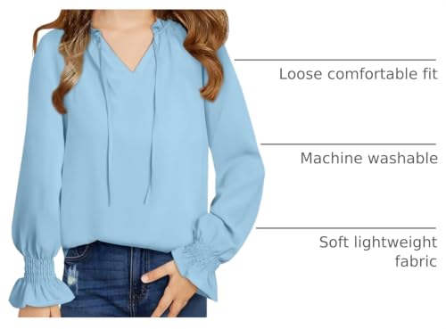 Image of DOKOTOO KIDS Girls Dress Shirt Long Sleeve Blouse Fall Tops Size 7-15 Years | V Neck, None Elastic Breathable Fabric, Ruffle Smocked Sleeve, Solid Pull on, Uniform Formal Western Thanksgiving