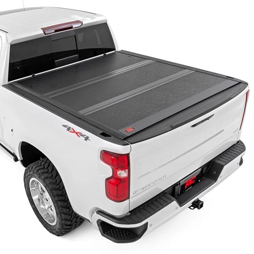 Rough Country Hard Tri-Fold Tonneau Cover for Chevy Silverado & GMC Sierra 1500 (2019-2025) - Low-Profile Aluminum Truck Bed Cover, Fits 5'10 Bed (69.9