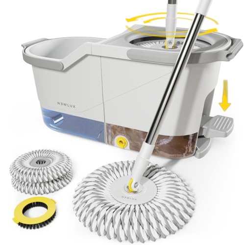 NEWLUX - Fregona autoescurrible Turbo Dual V160 con Mango telescópico 73,5-133,5cm. Juego de Cubo fregona con Pedal, Doble depósito Agua Limpia y Sucia, Cabezal 360º, Incluye 3 mopas Microfibra