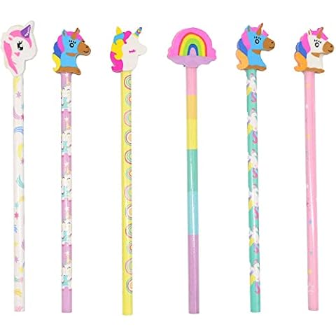 DITZY DOLL UNICORN PENCILS WITH ERASERS - 6 Pack Pencils Assorted Cute Designs Kids Childrens Party Bag Fillers Cover