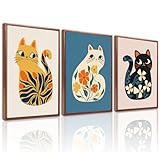 LHIUEM Framed Boho Cats Art Print Set of 3(12”X16”)Vintage Floral And Cats Prints Colorful Cat Wall Decor for cat Lovers Gift Cute Cats Framed Wall Decor Funny Cat Canvas Wall Art for Bedroom Nursery