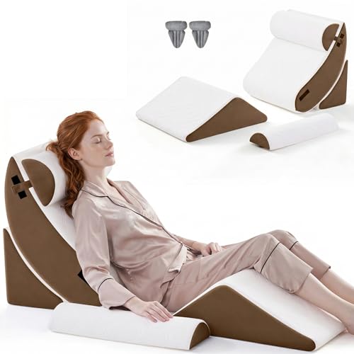Yosdur 5PCS Wedge Pillow Set for After Surgery,Bed Orthopedic Pillow for Sleeping, Memory Foam Back Pillow for Pain Relief and Acid Reflux, Adjustable Sitting Up for Bed Post Surgery Pillow Brown