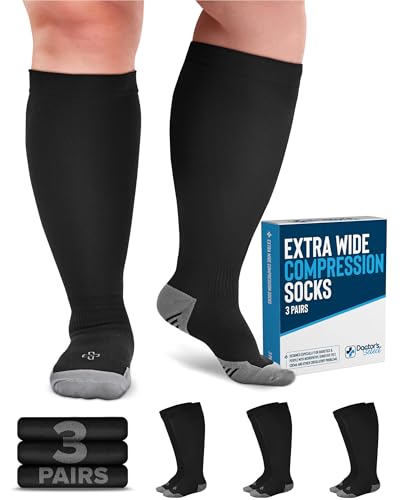 Doctor's Select® 3 Pairs Plus Size Compression Socks Wide Calf - Up to 6XL | 20-30 mmHg Extra Wide Calf Compression Socks Women | Black