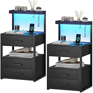 AOGLLATI Nightstand Set of 2 with Charging Station and LED Lights, Bedside Table with 3 Drawers and Open Storage Shelves, 2 USB Ports and 2 AC Outlets, LED Night Stand for Bedroom, 2 Pack, Black