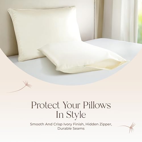 Image of Organic Cotton Pillow Protector King Size - 100% Cotton GOTS Certified Pillow Case Protector with Zipper - Hypoallergenic Machine Washable Edge Piping & Breathable Cover - 2 Pack (Ivory, King)