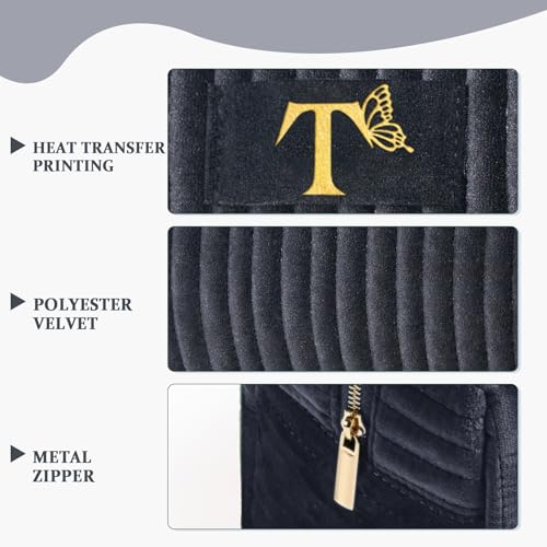 Image of COSHAYSOO Travel Makeup Bag Quilted Make Up Pouch Initial Velvet Cosmetic Case with Butterfly Decorations for Womens Fashion Trending Birthday Easter Valentines Gifts Ideas Unique Black Letter T