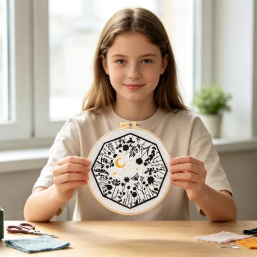 Image of Mystical Embroidery Kits for Beginners Adults, Moon Wild Flowers Embroidery Starter Kit, Floral Stamped Cross Stitch Kits Needlepoint Kits for Beginners Adults, Embroidery Hoop, Thread, Video Tutorial