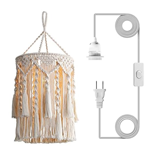 JND Boho Lamp Shade,Boho Hanging Lamp Handmade Macrame Lamp Shade Plug in Pendant Light,Bohemian Hanging Lights with Plug in Cord Light Fixtures for Boho Bedroom Decor Living Room(Type3)