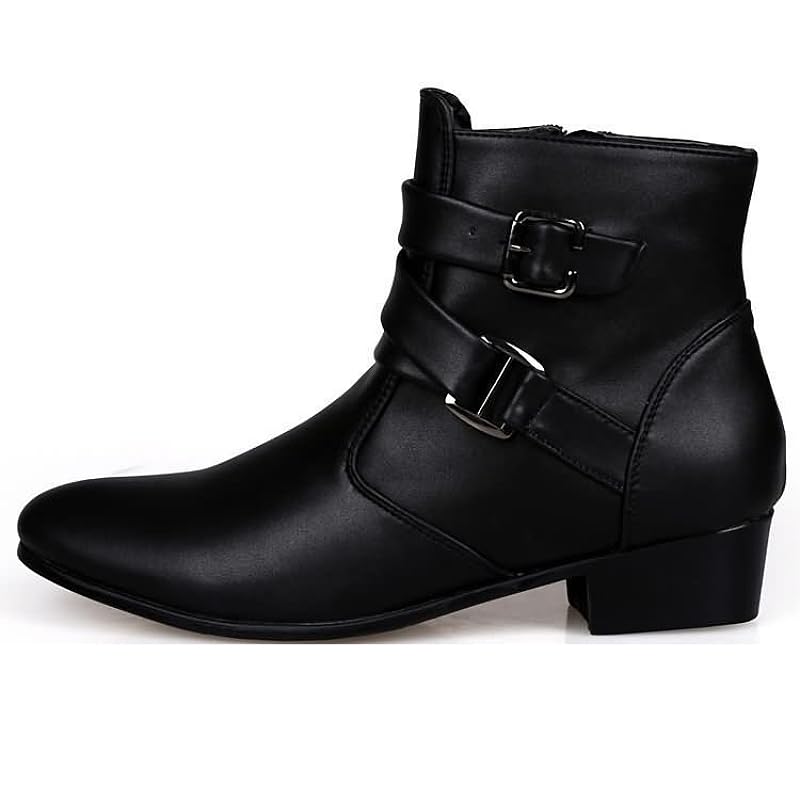 Image of MGGMOKAY Men's Chelsea Boots Leather Shoes Casual Dress Ankle Boot With Buckle Side Zipper