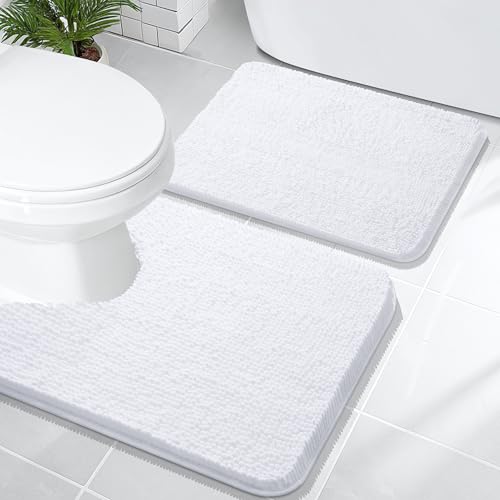 Image of OLANLY Bathroom Rugs Sets 2 Piece, Soft Absorbent Chenille Bath Mats and U-Shaped Contour Toilet Mat Area Rug Set, Machine Washable Bath Carpet, Home Decor Accessories(24 inchx16 inch+24 inchx20 inch, White)