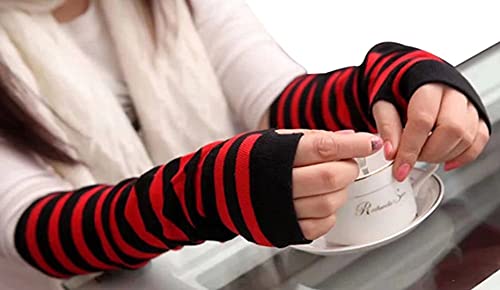 Image of Women's Long Knitted Fingerless Gloves Thumbhole Stretch Arm Warmers | Stretchy soft knitted arm warmers for women, comfortable thumbhole design, ideal daily winter hand sleeve accessories