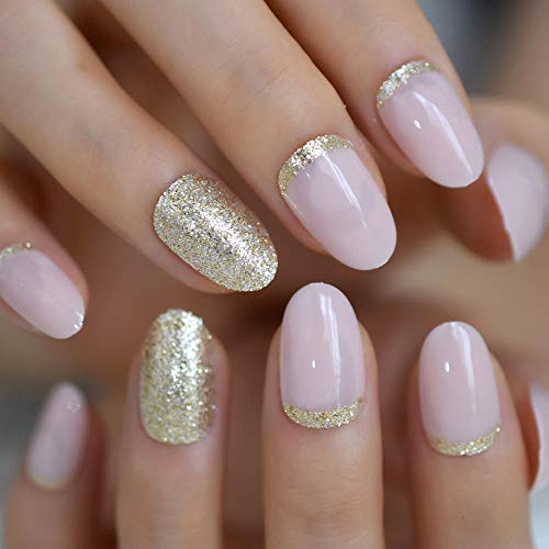 MXLYR Künstliche Nägel Hellrosa ovale gefälschte Nägel Täglicher Stil Gold Glitter Kurze Nagelkunst-Tipps Drücken Sie… – Bild 5