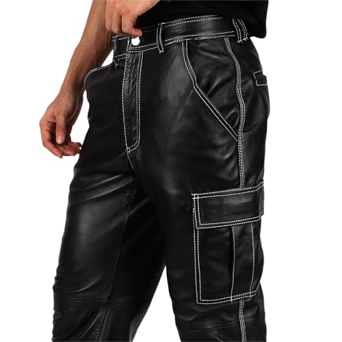 Laverapelle Men's Genuine Lambskin Leather Pants (Black, Cargo Pants) - 25040014