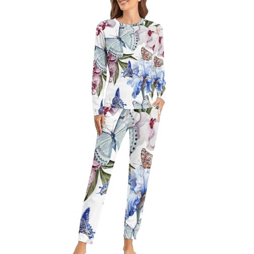 Pyjama femme papillon aquarelle en maille respirante avec pantalon ajustable