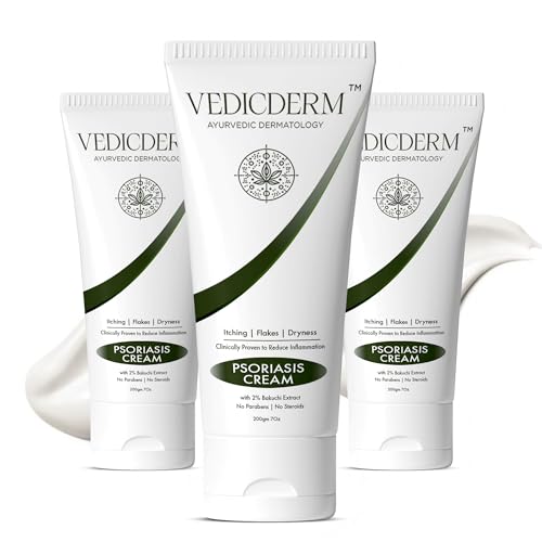 Image of VEDICDERM Natural Psoriasis Cream for Dry Itchy Skin Steroid-Free Formula with Ayurvedic Herbs Helps Soothe Redness, Flakiness & Irritation Moisturizing Body Cream for Sensitive Skin (200ml Pack of 3)