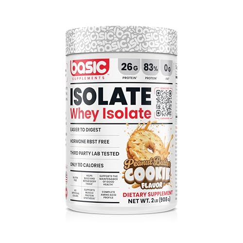 BASIC SUPPLEMENTS Basic Whey Protein Isolate, 26g Protein, 0g Fat, Gluten-Free, RBST-Free, Rapid Absorption, 110 Calories (2 Pound, Peanut Butter Cookie)