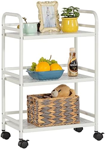 3-Tier Metal Utility Multipurpose Rolling Cart,Large Capacity Heavy Duty Cart with Lockable Wheels for Kitchen,Living Room,Office,Bathroom Storage Racks.(White)