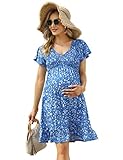 Coolmee Women's Maternity Short Sleeve Ruffle Dress V Neck Summer Casual Smocked Flowy Midi Dress fo