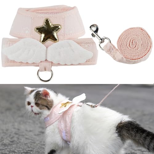 猫 ハーネス 猫 リード リードセット 猫用ハーネス 超小型犬 猫 猫具りーど 天使の羽で 脱走防止散歩 サイズ調節可能 通気メッシュ 小中大型猫適用 (ピンク)