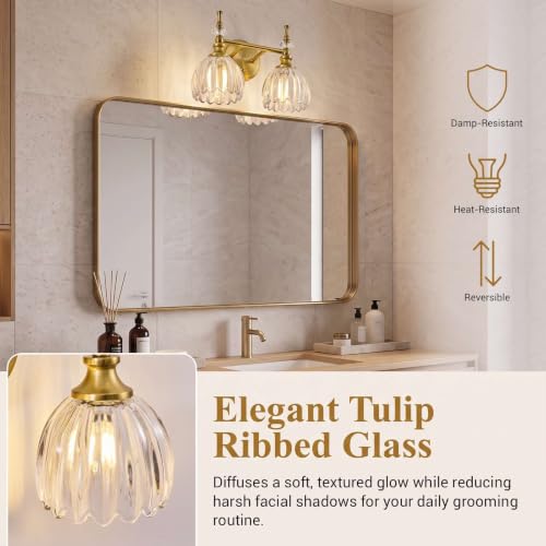 Image of ANDY STAR 2-Light Brushed Gold Bathroom Vanity Light, Transitional Sconce | Ribbed Glass & Crystal Accent, Damp-Resistant, Ceramic E12 Base, Reversible Up /Down Mounting