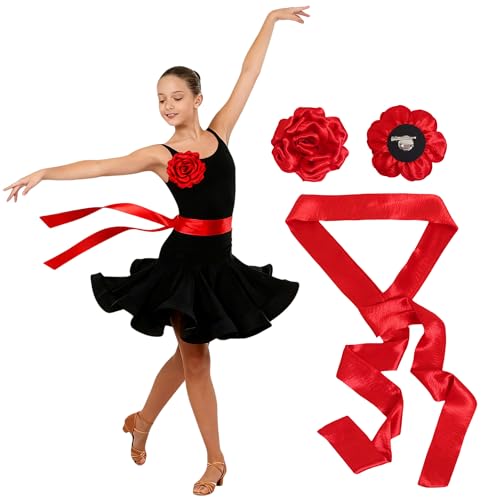 Set of 2 Shiny Satin Sash Waist Belt Large Rose Flower Brooch Charming Pin for Woman Clothes Party Dance Travel Dress