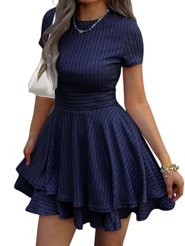 Image of Womens Summer Mini Dresses Short Sleeve Casual Crewneck Knitted Crochet Flowy Tiered Sundress